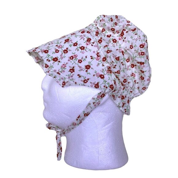 Pioneer Bonnet Old Fashioned Prairie White Red Floral Modest Farmhouse Medium - Picture 5 of 12